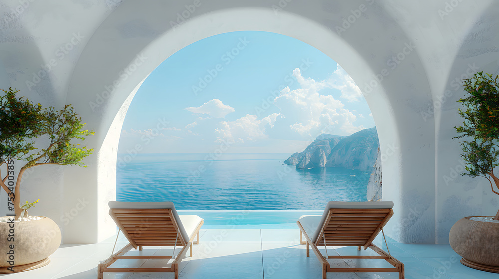Fototapeta premium A pool with chairs, a potted tree, and a view of the ocean.