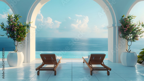 A pool with chairs, a potted tree, and a view of the ocean. © wing