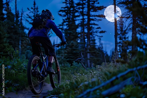 mountain biker on a moonlit trail, moon seen through trees. generative AI