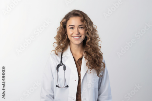 Young Female Doctor in White Coat Standing in Studio  Confident and Friendly Healthcare Professional.