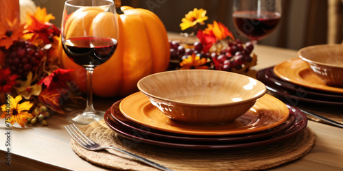 Autumn Harvest  Rustic Elegance and Festive Celebration on Wooden Table - a Thanksgiving Dinner Setting with Seasonal Decor and Pumpkin Centerpiece