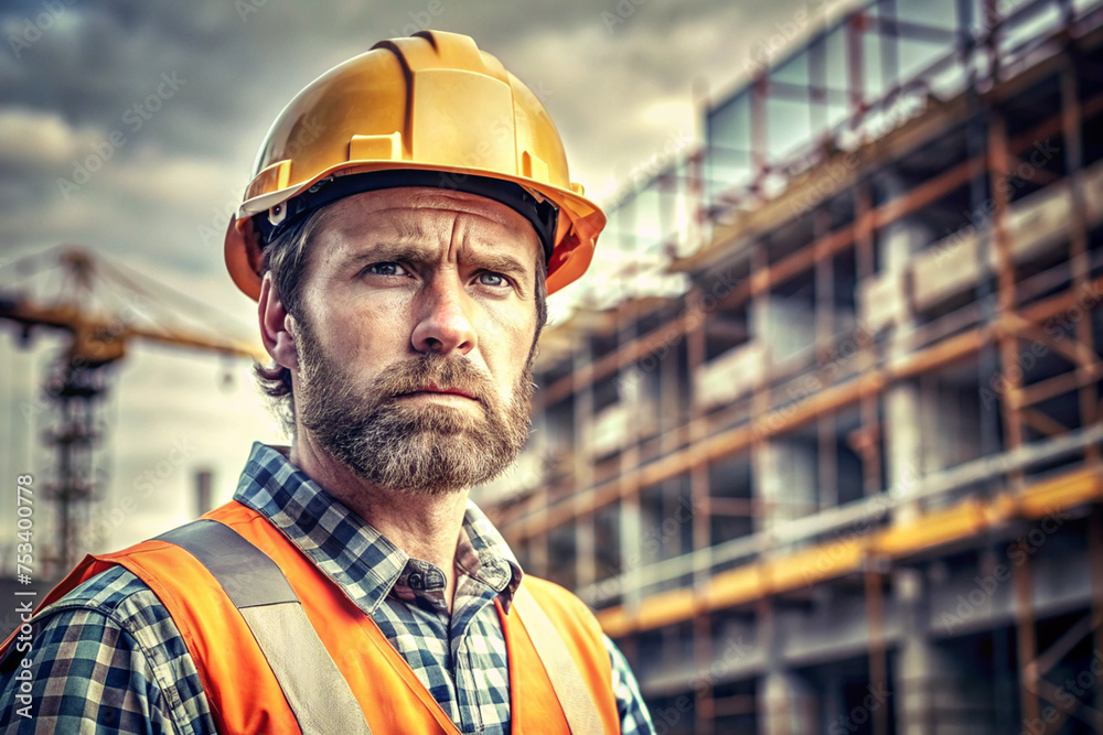 Serious Construction Worker at Building Site