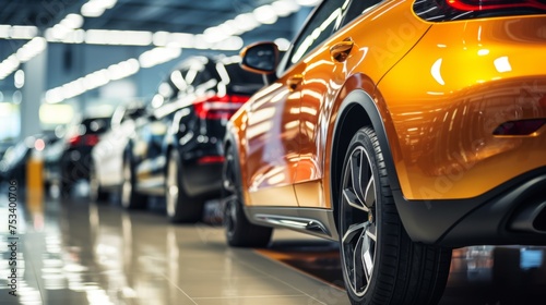 A lineup of colorful luxury cars in a show room, showcasing a prominent yellow car in front with a focus on the headlight and grille © Lena_Fotostocker