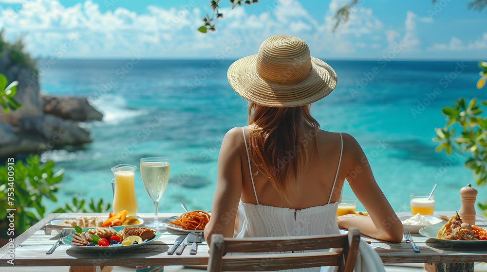 A woman wearing a hat is sitting at a dining table with a plate of food and wine glasses, all overlooking the ocean.