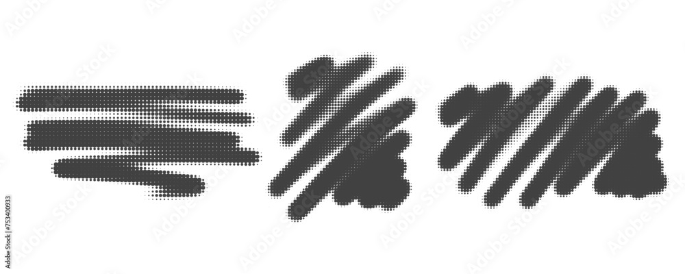 Halftone noisy gradient paint brush stroke. Dotted vector blobs. Abstract grunge elements isolated on white background. Halftone noisy gradient paint brush stroke. Dotted vector blobs. Abstract grunge elements isolated on white background.