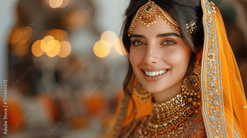 Fototapeta premium Smiling Woman in Traditional Indian Attire and Jewelry