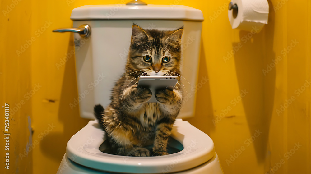 Feline influencer on toilet, browsing the latest trends, encapsulating