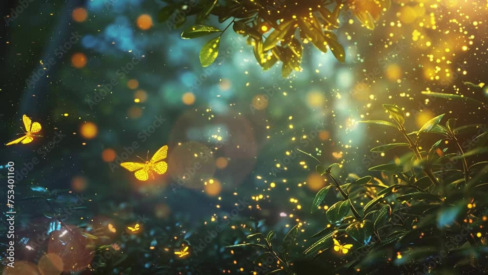 abstract and magical image of firefly  and butterfly flying . seamless looping overlay 4k virtual video animation background