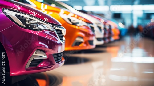 A close-up view of a shiny red car in a showroom with other vehicles in the background. The focus is on the front headlight and grille area © Lena_Fotostocker