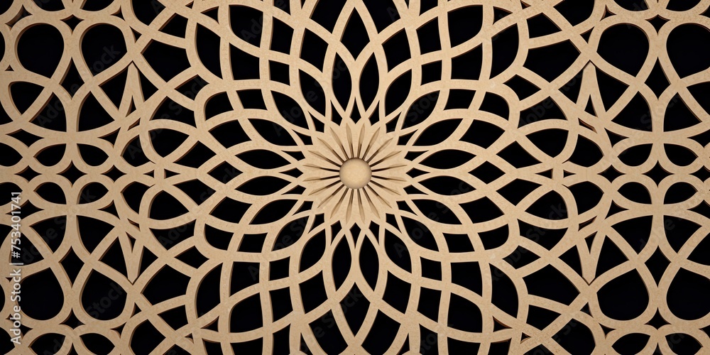 An ornate Arabic geometric pattern adorns the background, captivating with its intricate interplay of shapes and symmetry.