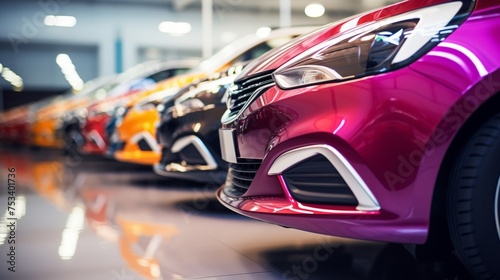 A close-up view of a shiny red car in a showroom with other vehicles in the background. The focus is on the front headlight and grille area © Lena_Fotostocker