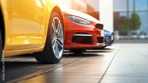 Low angle view of sleek cars parked on a city street, with the focus on the red car's alloy wheel, showcasing urban life and luxury