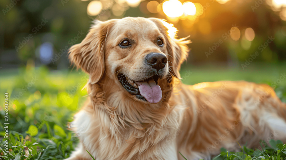 Golden Retriever Dog Sitting in Sunlit Grass