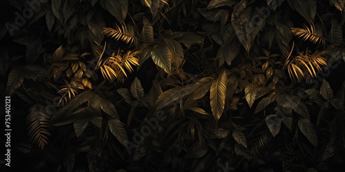 A bold and colorful array of tropical leaves emerges against the darkness, their vibrant hues painting a vivid portrait of the lush foliage found in tropical climates