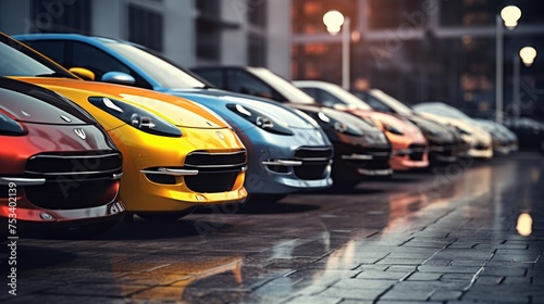 A row of luxury cars in various colors is displayed in a showroom, with focus on a red vehicle's front side and wheel