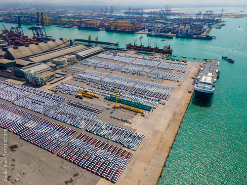 the image showcases the organized logistics and global commerce involved in the automotive export industry. the concept of transportation and industrial
