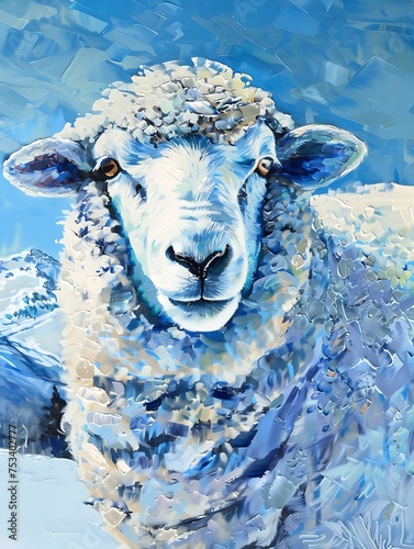 sheep in icy mountain oil painting blue theme colors  wall art