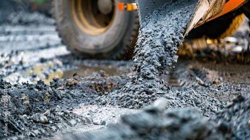 A close-up shows a concrete truck chute filling a form with wet cement mix and a reinforcing bar for a pavement against blurry backdrop, Generative AI.