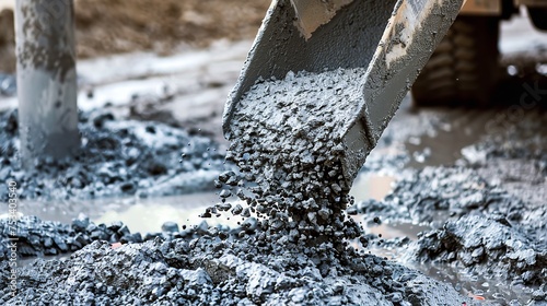 A close-up shows a concrete truck chute filling a form with wet cement mix and a reinforcing bar for a pavement against blurry backdrop, Generative AI. photo
