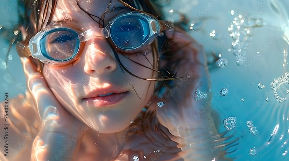 Girl Wearing Goggles in the Ocean, To convey a sense of adventure and exploration in the ocean, while showcasing swimming goggles as a necessary Girl Wearing Goggles in the Ocean, To convey a sense of adventure and exploration in the ocean, while showcasing swimming goggles as a necessary