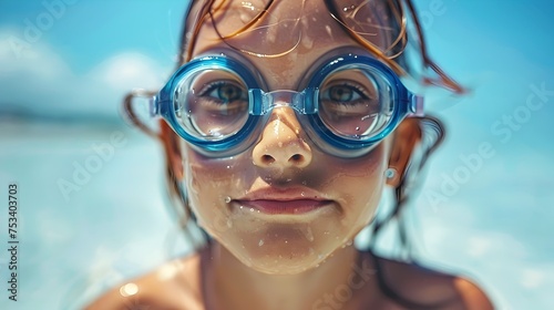 Girl at the Beach in Swimming Goggles, To convey a sense of joy and energy associated with water activities and beach vacations © Rudsaphon