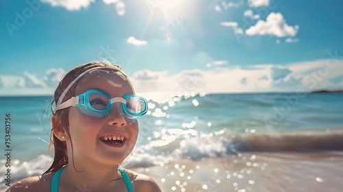 Happy Girl Wearing Swimming Goggles at the Beach, To convey a sense of happiness, relaxation, and the beauty of nature during a summer vacation