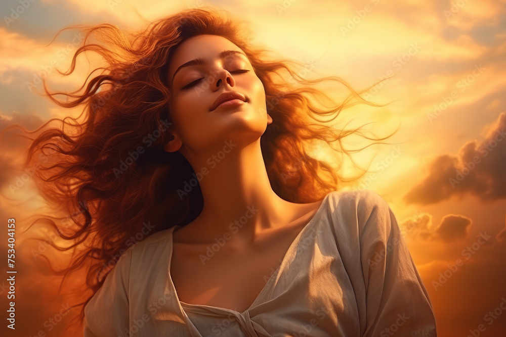 beautiful Woman with eyes closed enjoys in summer sunset