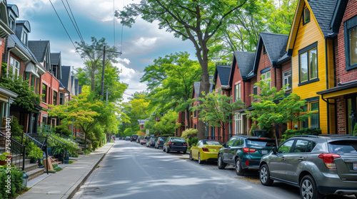 A treelined street flanked by tall and narrow townhouses each with a unique color and style.