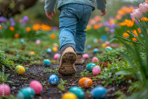 photo of a boy walking through park filled with easter eggs photo
