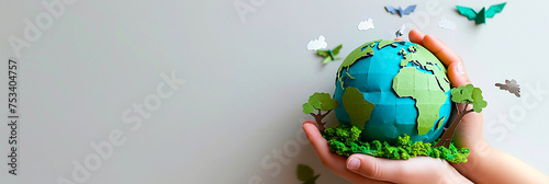 Closeup image of a child with nature and earth-like sphere made of paper...