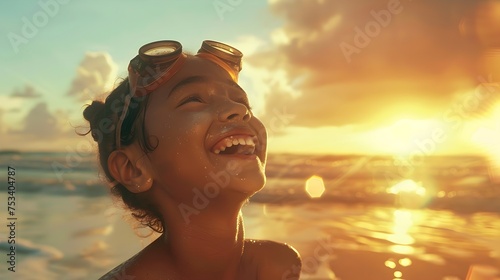 Young Girl in Swimming Goggles, Beach and Golden Hour, To capture the joy and freedom of a young girl on the beach during the golden hour © Rudsaphon