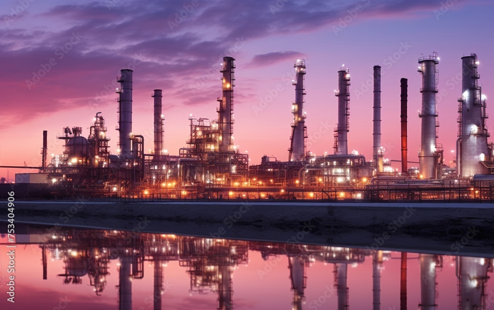 the industrial refinery bathed in twilight, where oil and gas operations continue seamlessly. The intricate network of pipelines and steel structures forms the backbone of the refinery.