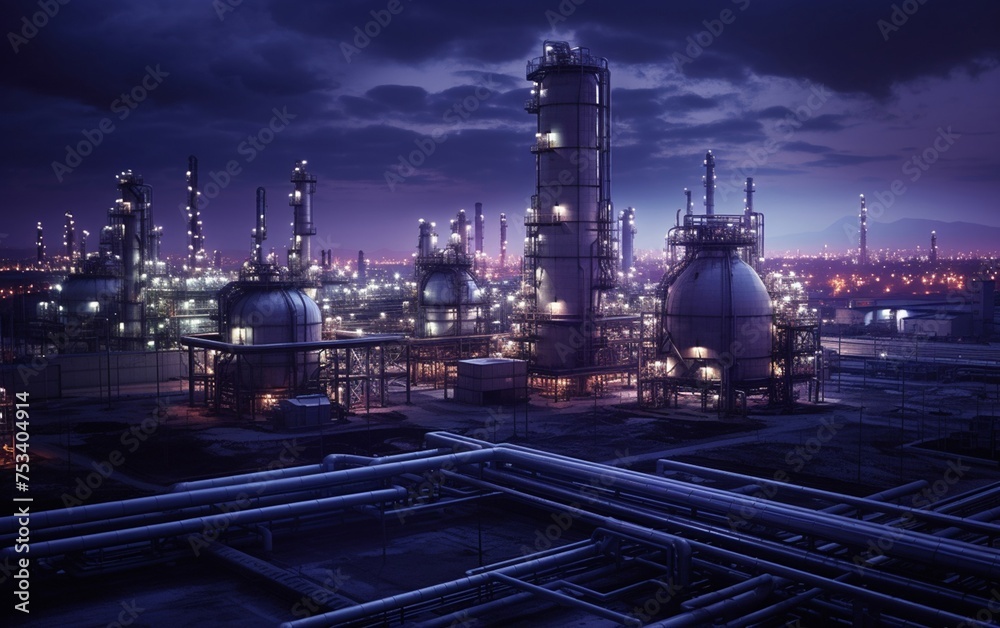 the industrial refinery bathed in twilight, where oil and gas operations continue seamlessly. The intricate network of pipelines and steel structures forms the backbone of the refinery.