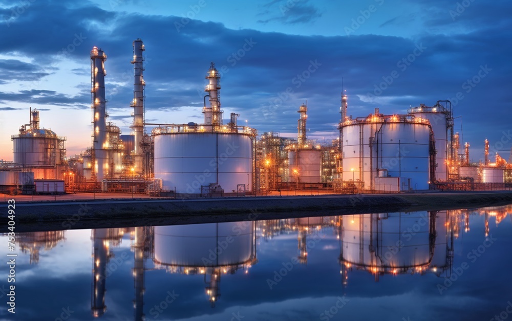 the industrial refinery bathed in twilight, where oil and gas operations continue seamlessly. The intricate network of pipelines and steel structures forms the backbone of the refinery.