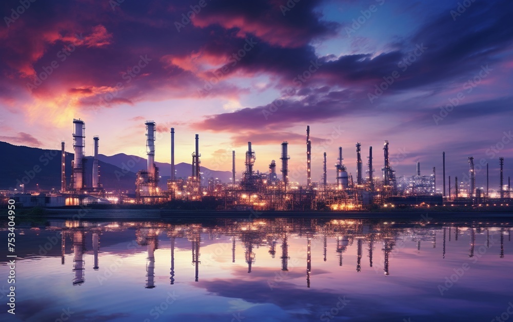the industrial refinery bathed in twilight, where oil and gas operations continue seamlessly. The intricate network of pipelines and steel structures forms the backbone of the refinery. - obrazy, fototapety, plakaty 