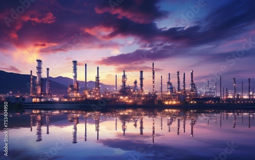 the industrial refinery bathed in twilight, where oil and gas operations continue seamlessly. The intricate network of pipelines and steel structures forms the backbone of the refinery. © Surachetsh