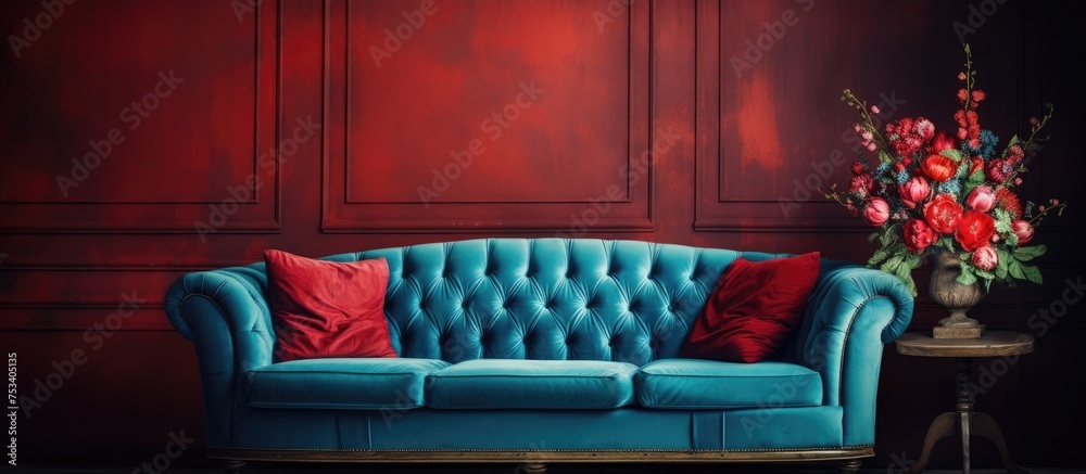 Obraz premium Vintage red sofa in a room with blue decor