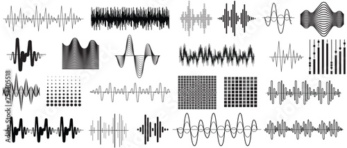 Sound wave set. Sound waves, Equalizer, Audio waves, Radio signal, Music. Recording. Analog and digital audio signal.Vector illustration.
