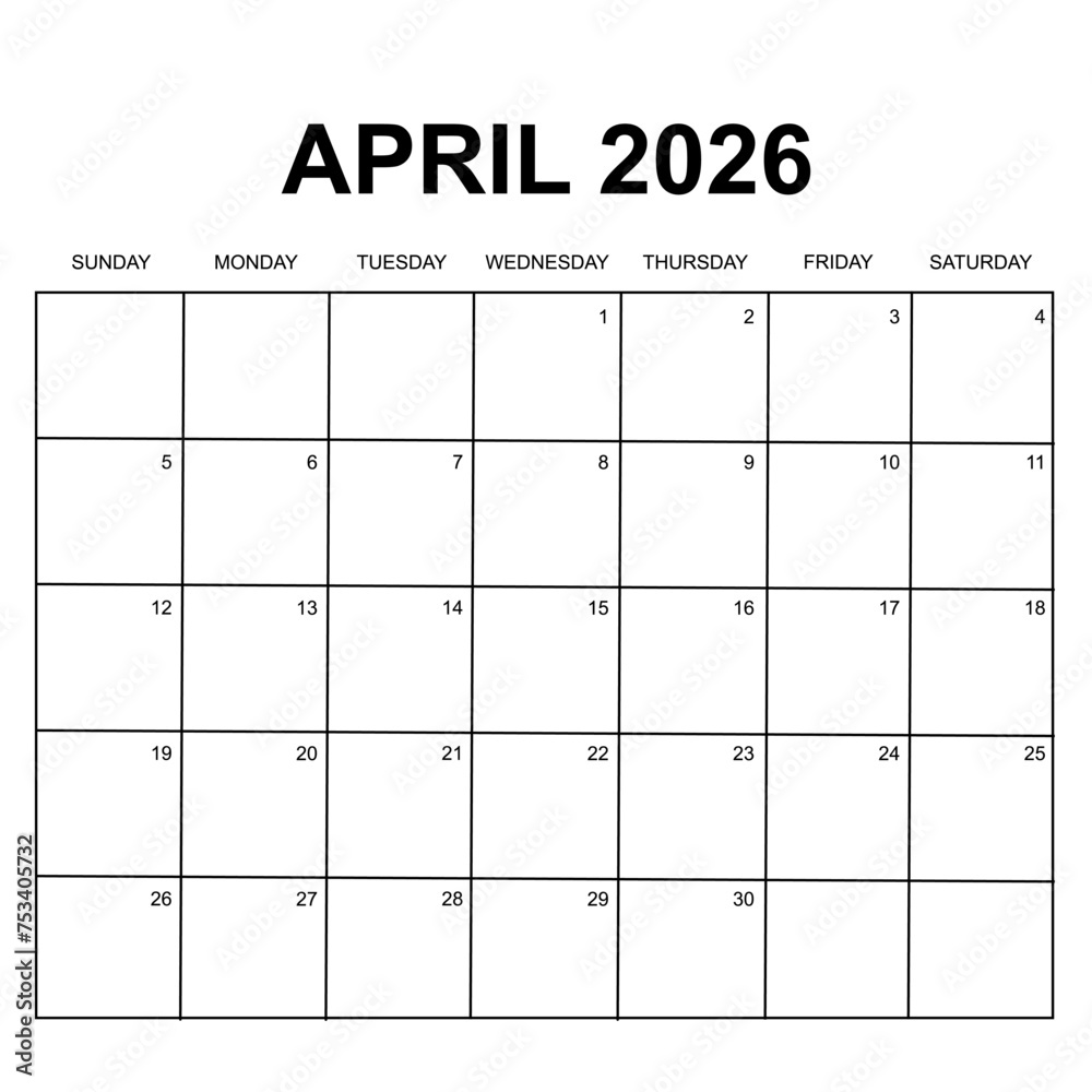 april 2026 calendar. week starts on Sunday. printable, simple, and