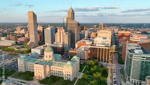 Aerial Golden Hour Over Indianapolis - Indiana Statehouse Tracking Shot photo