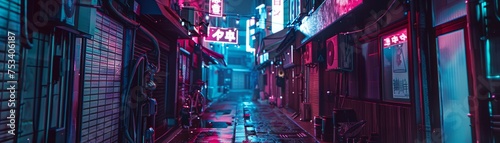 A narrow alleyway bathed in the glow of neon signs and lights, capturing the atmospheric essence of a bustling Asian city at night. photo