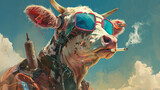 Cyborg cow in sunglasses puffing on cigarettes a futuristic farm rebel
