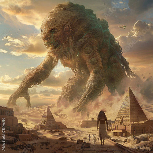 Fantasy Egyptian scene with giant bacteria as gods photo