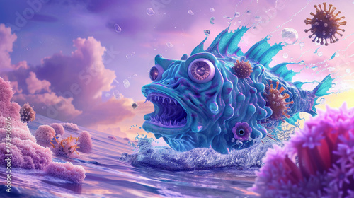 Giant cartoon fish battles a virus in a sea under a purple sky chemicals swirling