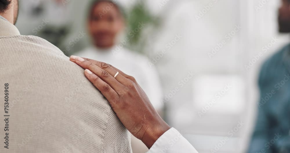 Support, empathy with hand on shoulder in therapy for compassion, sympathy and understanding of mental health. Closeup, people and counseling session with depression, stress and kindness with comfort Support, empathy with hand on shoulder in therapy for compassion, sympathy and understanding of mental health. Closeup, people and counseling session with depression, stress and kindness with comfort