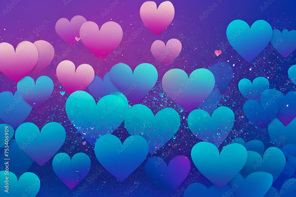 Lovely colorful gradient effect hearts on rich blue shiny background with glitch effect