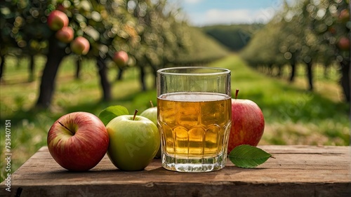 Glasses of refreshing cider against the backdrop of an apple orchard photo