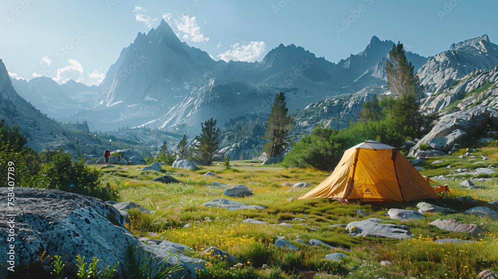 summer backcountry camping image, with a lone hiker setting up a tent in a lush green meadow, with towering mountains in the background and a clear blue sky overhead
