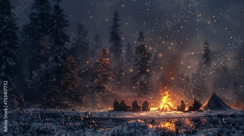 winter camping scene in a forest clearing, with a group of friends gathered around a campfire photo