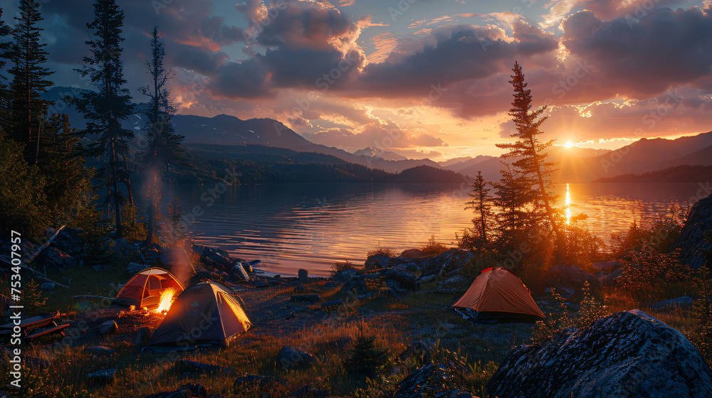 summer camping image at a lakeside campsite, with a group of friends setting up tents and cooking over a campfire as the sun sets behind the mountains - obrazy, fototapety, plakaty 